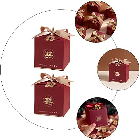 Амосфун 20 парчиња Кинеска Кутија За Свадбени Бонбони Црвени Фаворизира Третирајте Кутии Со Панделки Торбичка За Завиткување Слатки за Материјали