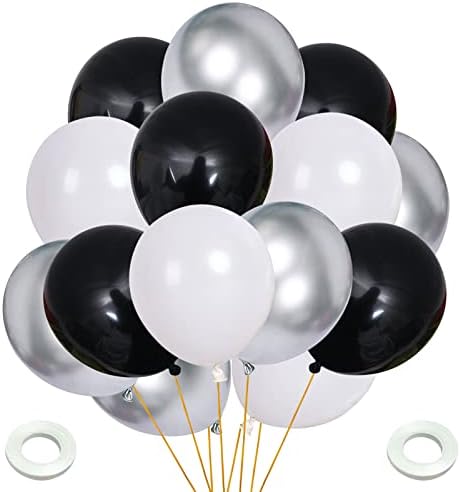 52 парчиња Балон Сет-12 инчен Метален Сребрен Балон и Црн Бел Латекс Балон За Роденден Туш За Бебиња Декорација На Свадбена Забава