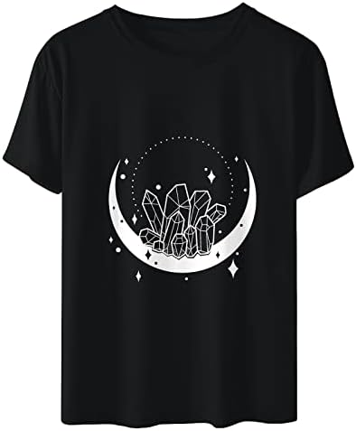 Тинејџерски девојки кратки ракави Топ Месечината starвезда Цветни печати лабави вклопки врвови маички брод врат лето есен на топ