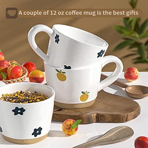 Powerwoo кафе чаши сет од 2, 12oz/350ml керамички кафе чаши за годишнини за подароци рачки неколку чаши со цвеќиња и портокали Најдобри подароци