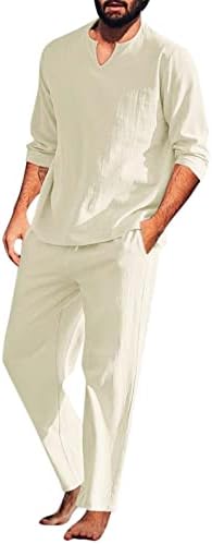 2 парчиња облека за мажи 2022 Трендовски памучен постелнина цврст сет со долги ракави кошула Хенли и обични панталони за плажа јога сетови