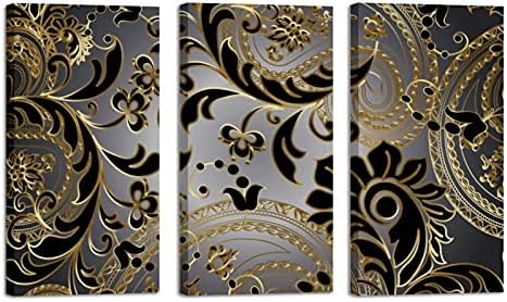 Wallидна уметност за дневна соба, Пејслис цветно злато и црна пајсли врамена декоративно масло за сликање сет декоративни модерни уметнички