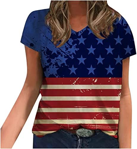4 -ти јули кошула Денот на независноста на женските врвови лабави v вратот кратки ракави Американски знаме печати 4 јули патриотски маички