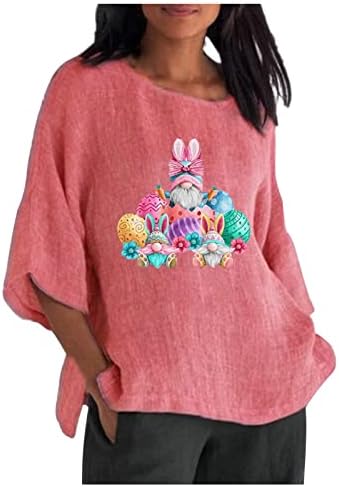 3/4 ракави Велигденски кошули за жени памучни постелнина екипаж на екипаж на врвови, слатки животни, графичка печатена маица за дами