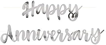 Скрипта „Среќна годишнина“ Банер за висина на фолија - 5 ft | Сребро | 1 компјутер