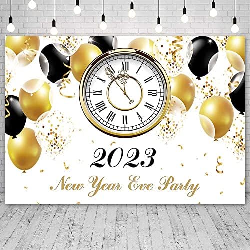 Aibiin 8x6ft Среќна Нова Година позадина 2023 година Злато и црни балони Временски часовник Фотографија Позадина Нова Година на