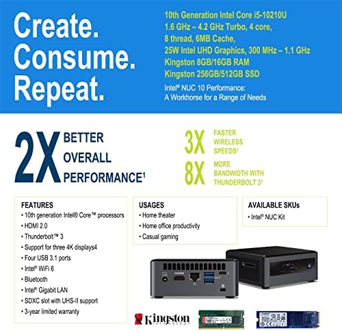Intel NUC10 NUC10i5FNHN Најнови Десктоп Мини КОМПЈУТЕР, 10-Та Генерација Intel® Core i5-10210u, До 4.2 GHz, 4 јадро, 8 Тема, 25w Intel