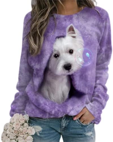TS со долги ракави кучиња екипаж џемпери за жени 3Д симпатични обични пуловер трендовски врвови модни кошули за пролетно лето 2023