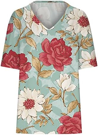 Блуза мета за девојки краток ракав 2023 памук V вратот цветни графички лабави се вклопува преголема опуштена фитла салон кошула 3V