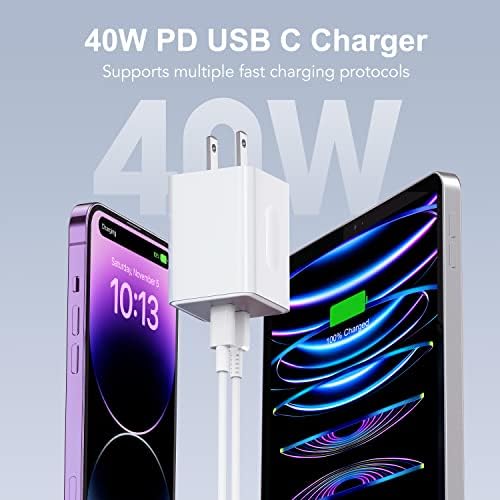 ●2023 Ново q 40w USB-C Ѕид Полнач, [Mfi Сертифициран] Двојна Порта 20W PD 3.0 USB Тип C Адаптер За Брзо Полнење Блок Со 2x6ft Кабел За Полнење