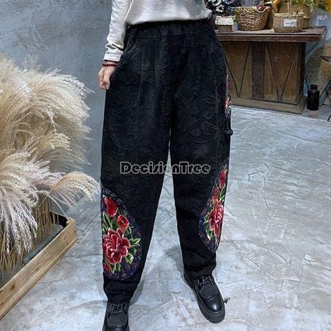 Uktzfbctw Кинески есен/зима извезена памук Харлан етнички стил густо панталони лабави за жени боја1 м