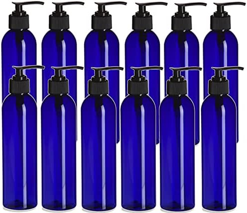 Природни фарми 12 пакувања - 8 мл - Платно шише со стискање - Сино Космо со црна пумпа - За есенцијални масла, парфеми, производи за чистење