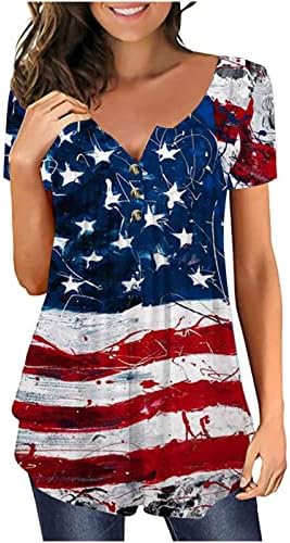 4 -ти јули врвови за жени 2023 година, четвртина копче надолу по блуза Облечен одморен одмор Хенли кошула САД знаме печатено мета