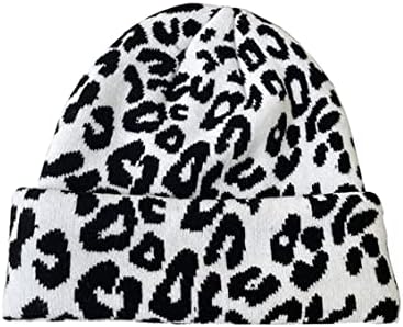 Womenените од newfancy, мажите зимски капи, леопард печати манжетни со двојни слоеви, дебели плетени меки топло слаби череп ски -капа