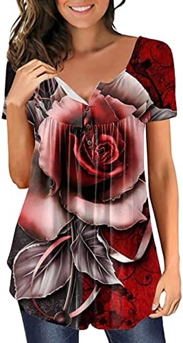 Туники за цветни печати за жени лабава вклопена во стомакот, криејќи ја маицата лето случајно копче за кратки ракави нагоре на врвот на блузата
