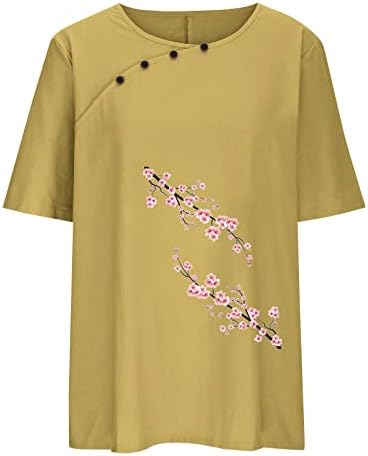 Копчиња за кратки ракави на Ffenyan, надолу кошули за жени, постелнини со розови цвеќиња Печатени кошули со краток ракав