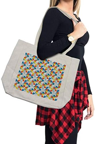 Геометриска торба за купување на Амбесон, Баухаус инспирирани пресечени кружни форми на блокови во боја и испрекинати линии, еколошка