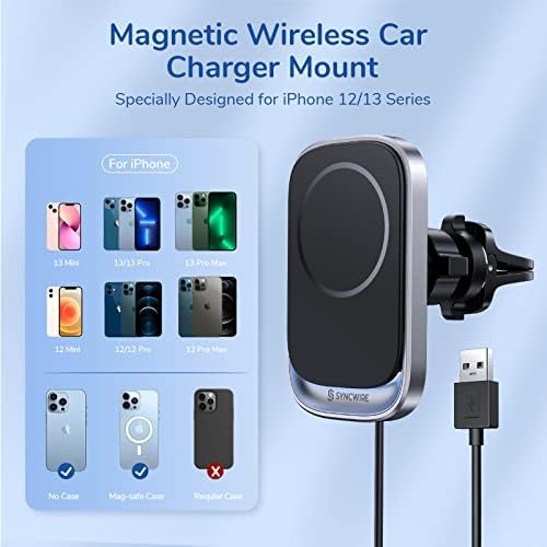 Syncwire Magnetic безжичен полнач за автомобили, брзо полнење, компатибилен со полнач за автомобили Magsafe, 360 ° прилагодлив воздушен