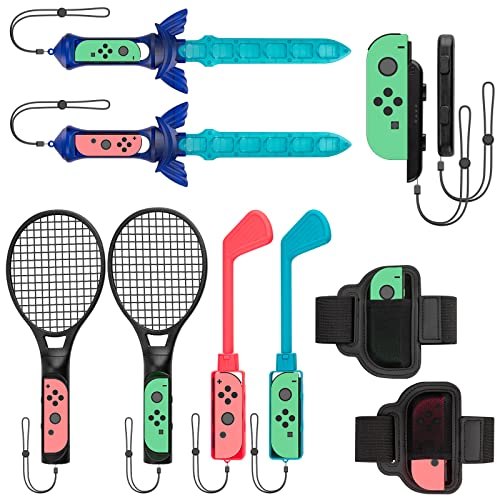 Спортски додатоци за Geekria, пакет Компатибилен со Nintendo Switch Sports Games 10 IN-1 комплет со тениски рекети, залепен меч, голф-клубови,