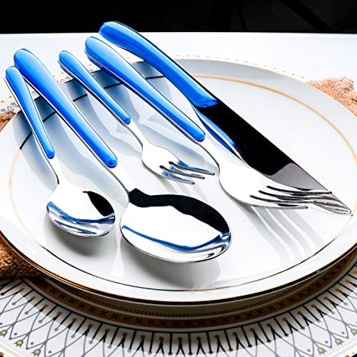 Поставете рамнини за прибор 20 парчиња, Sanli Blue пластична рачка со ножеви лажици лажици сет за сребро, модерна вечера поставена за