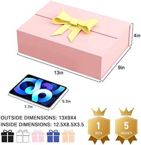 Розова кутија за подароци со капакот, големи кутии за подароци 13x9x4 'за подароци со лента и честитка Магнетно затворање, кутија