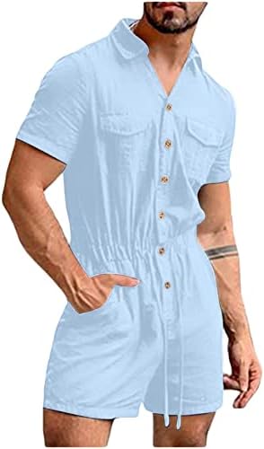 Мажите случајни ромперки со шорцеви модни цврсти копче плоча кратки ракави лапчиња кошули сијамски облеки