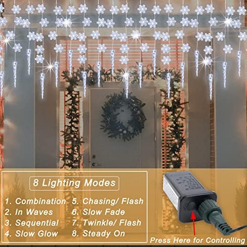 Icice светла на отворено Божиќни светла, 12,5 метри LED висечки прозорец завеса самовила со 8 режими, 85 LED снегулки од снегулки, стринг светла за покрив, Божиќна забава за д