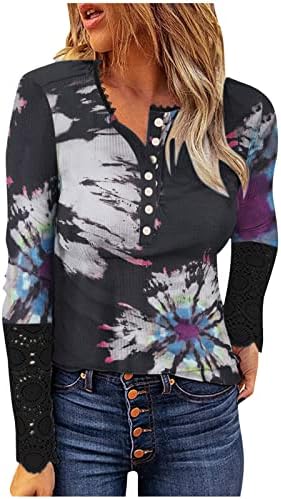 Случајна блуза Хенли за жени цветна блуза подлога гроздобер маица лабава основни маички за маички против врвови на вратот