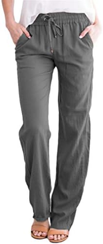 Женски палацо постелнини панталони широки нозе со висока половината, кои се наоѓаат на лежење на долги панталони, удобни еластични