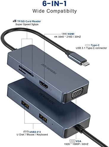 TIERGRADE USB C Центар, 6-во-1 USB C До HDMI Адаптер СО 4K HDMI, VGA, Sd/TF Картичка Читачи, 2 USB 2.0, USB C Центар Мултипорт Адаптер Компатибилен