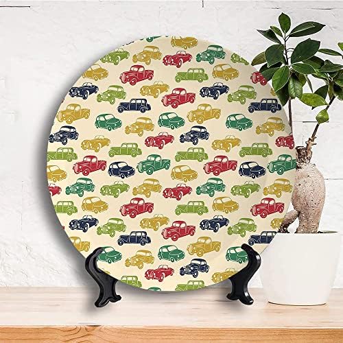 Плоча за керамички приказ на лигури, 50 -ти автомобили Керамички виси украсна чинија, разни возила со заоблени рабови гроздобер автомобил, 7 инчи,