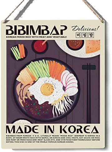 Смешен кујнски знак декор Bibimbap дрвен знак плакета wallид што виси корејска изложба на храна печатење уметнички дела дома декорација