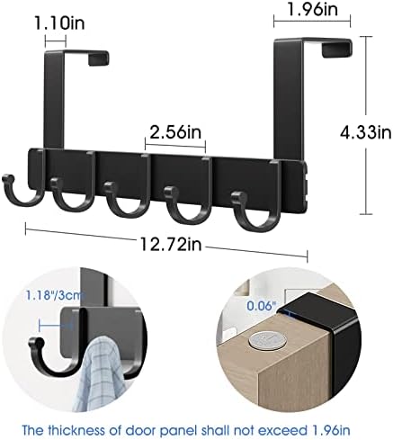 Rdiorry над куките на вратата - над закачалки со врата со 5 куки за облека за крпи со палто, црно над решетката на вратата за дневна соба, бања,
