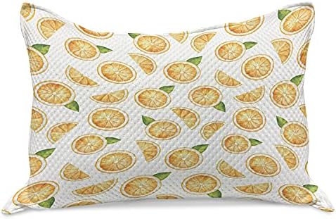 Амбесон зелена и портокалова плетена ватенка перница, парчиња портокали со лисја летни акварели овошје, стандардна покривка за перница