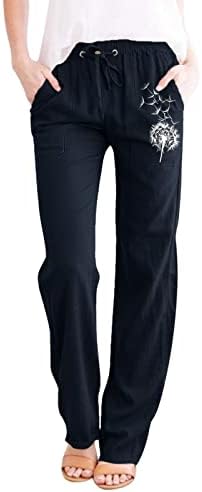 Постелни панталони Етија, жени директно нозе со високи половини удобни ленти со панталони со џебови женски еластични панталони за