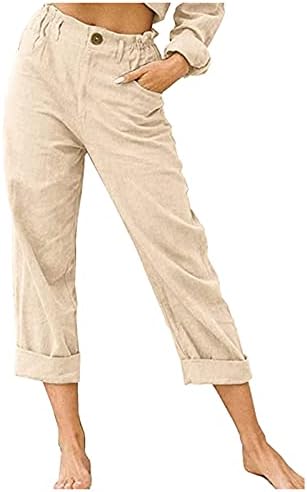 Panенски памучни постелнини панталони Обични еластични половини широки панталони за нозе Опуштете се вклопени летни џемпери со џебови