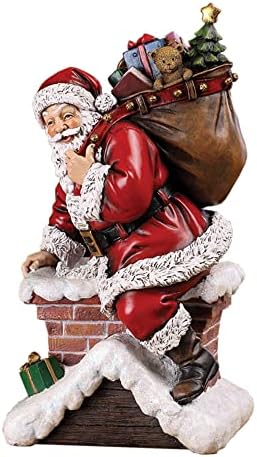 Napco Santa Claus се искачува по оџакот со подароци од смола од смола од 11 инчи декоративна фигура за празници за мантија, полица