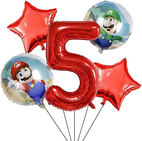Марио 5-Ти Роденден Украси Црвен Број 5 Балон 32 Инчен | Марио Балони За Деца Роденден Бебе Туш Марио Брос Тема Партија Украси