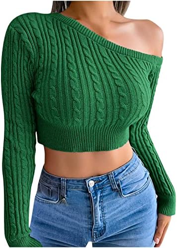 Lmsxct од џемперите на рамото култури за жени со долг ракав кабел плетени врвови со тенок вграден џемпер џемпер трендовски пуловер
