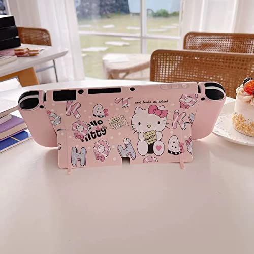 Enfily симпатична Hello Kitty Case компатибилна со Nintendo Switch OLED, прикриен капак за куќиште, ергономски мек TPU Grip Case за oyојкон,