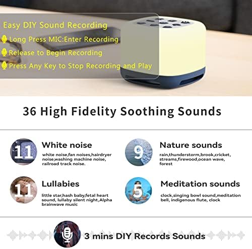Звук за спиење, снимајте ги вашите сопствени смирувачки звуци со вградени 34 патеки за бела бучава, амбиентални светла од 8