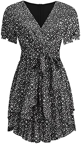 Fragarn плус фустан со големина за жени лето, женски моден обичен солидна боја кратка ракав со кратки ракави V-врат од лабава половината фустан