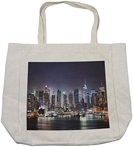 Торба за купување кесичка во Newујорк, Менхетен Скај, ноќе, панорамски на сликата на реката Транкил, еколошка торба за еднократна употреба