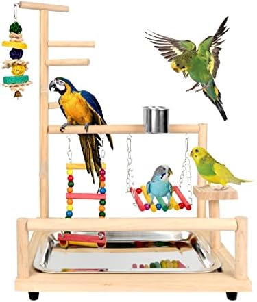 Игралиште за птици Zefan, папагали вежбање салата за дрво од дрво, столбови на колофул и џвакање играчки со бел играчки со чаши за хранење