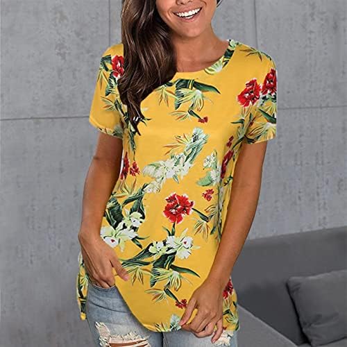 Кошули за жени летни жени кратки ракави екипаж вратот цветните печатени врвни маици обични кошули со блуза