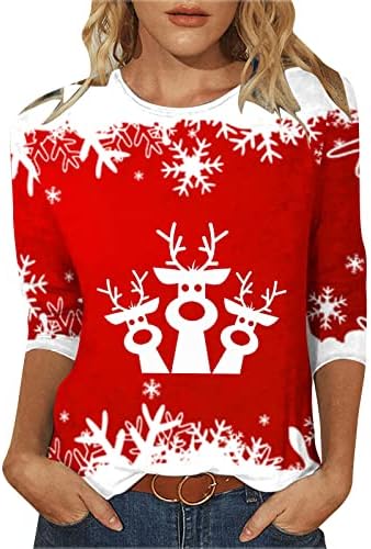 Женски маици, жени Божиќ 3/4 ракави маички врвови дами екипаж со долги ракави кошули девојки модна празничка блуза