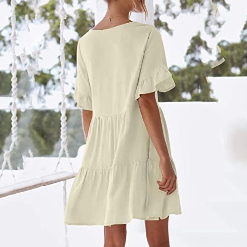 Фустани за жени, женски обичен краток ракав надолу фустан летен џеб за џеб еластичен половината А-линија за замав мини фустани