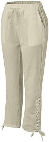 Женски обични панталони памучни постелнини високи половини каприс панталони влечејќи лесни исечени пантазони панталони на палацо