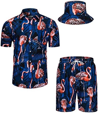 Tunevuse mens Хавајски кошули и шорцеви Поставете 2 парчиња тропска облека со цветно копче за печатење надолу од костум на плажа со капи со