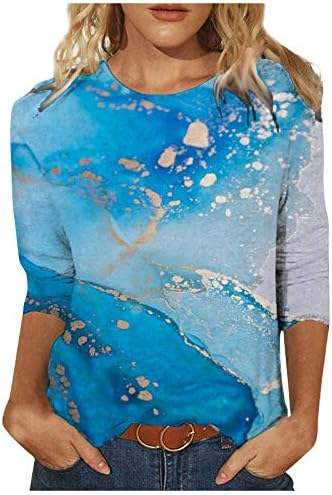 Womenените 3/4 ракав маица вратоврска за боја блуза, ринестон Туника врвови против вратот, цветни печатени маички блузи летни врвови